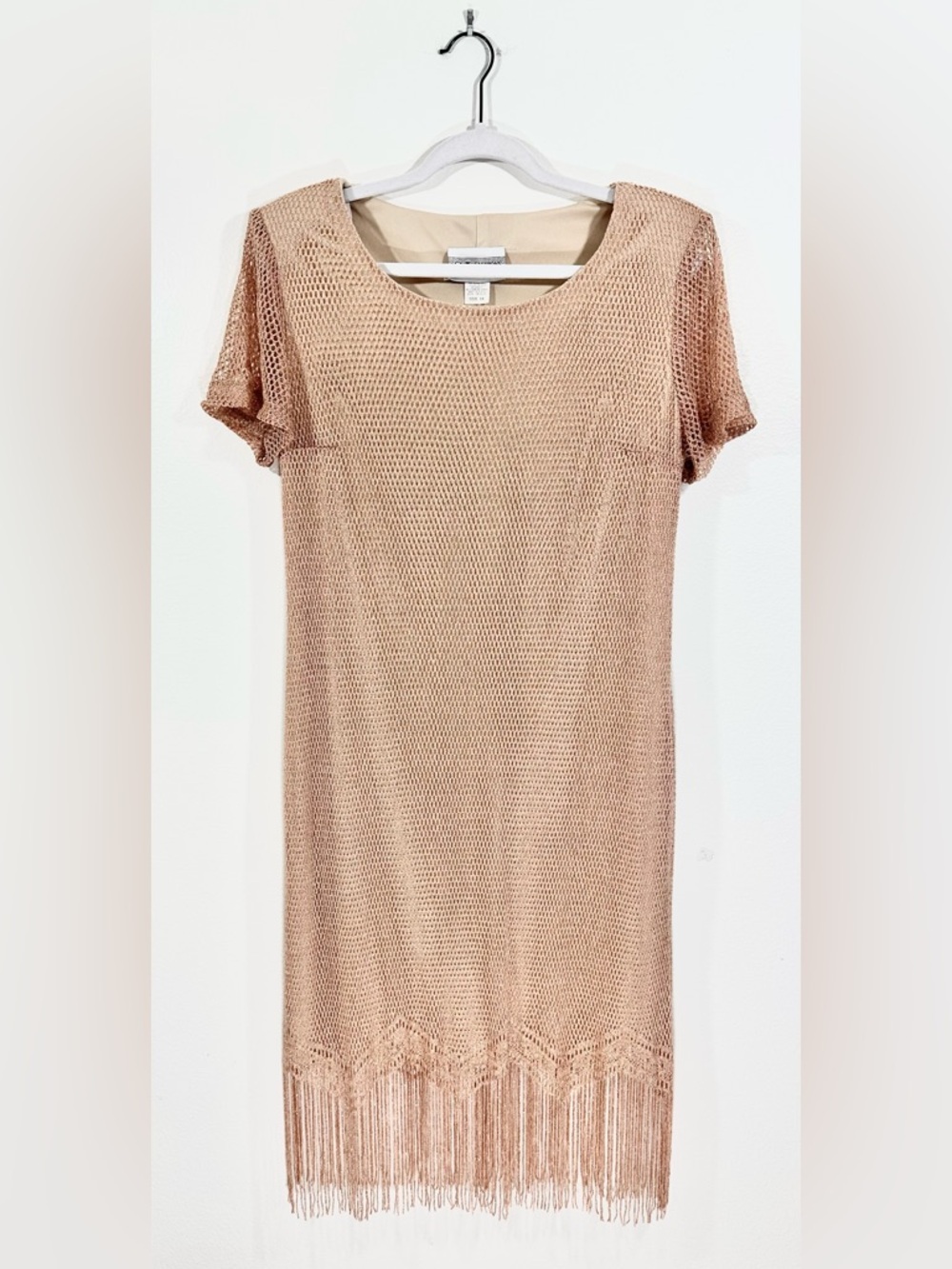 S.L. Fashions Metallic Rose Gold Fringe Hem Dress 14 Open Knit Vintage Style